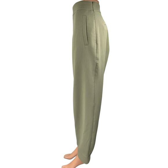 Zara Women's Green Rib Knit High Waist Wide Leg Side Zip Ankle Trousers Pants L - Picture 2 of 4